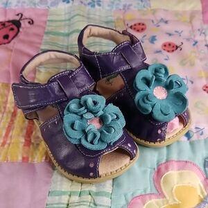 Livie & Luca Purple Leather Sandals with Teal Suede Flowers Size 6 Blooms